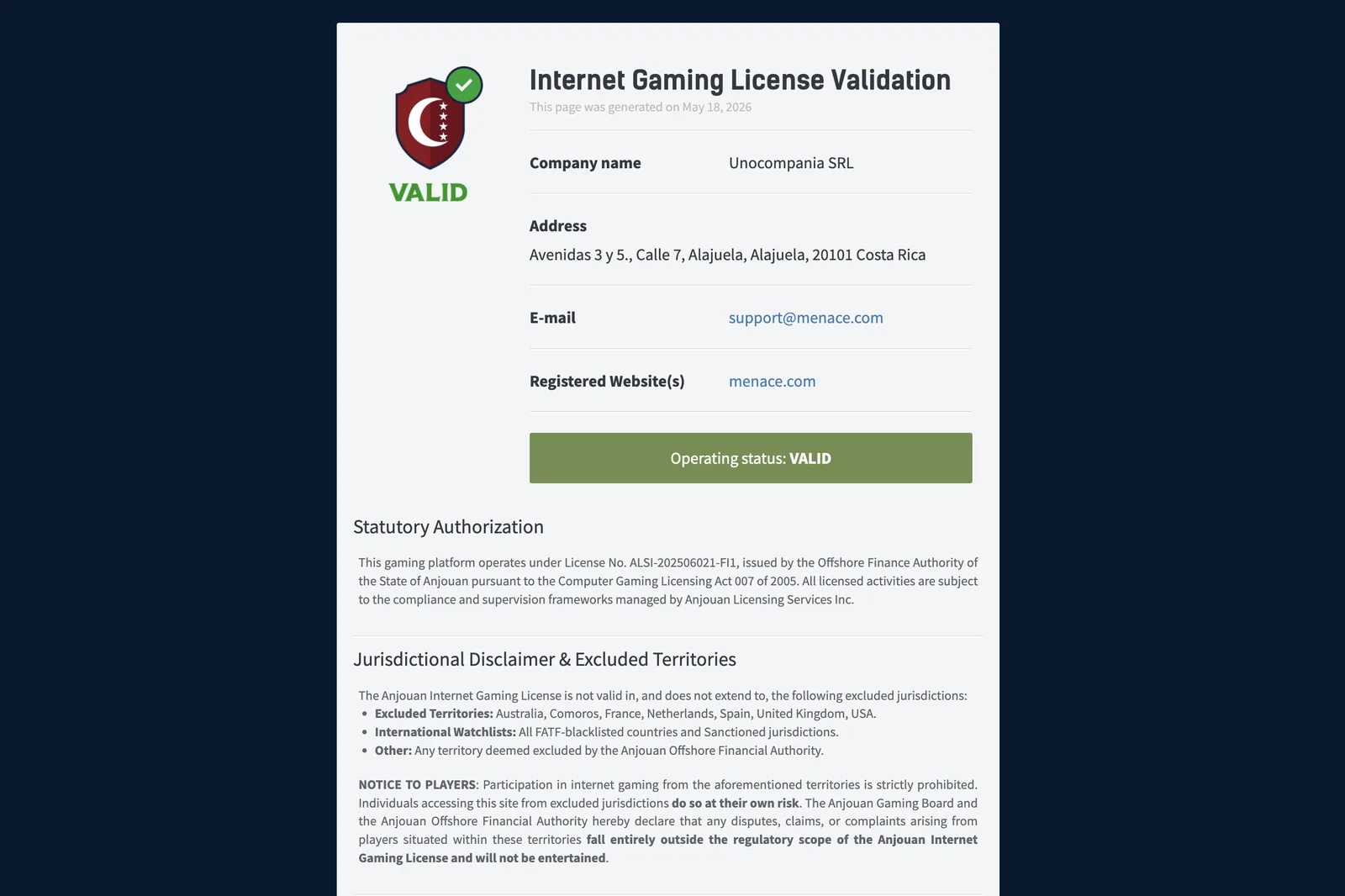 Menace Casino licence — Anjouan Gaming Authority certificate ALSI-202506021-FI1