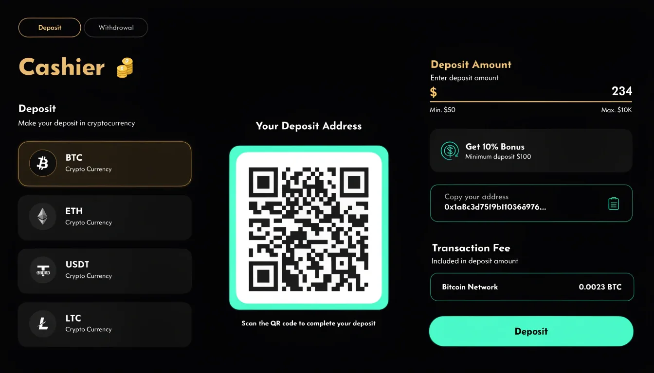 Menace Casino cashier — cryptocurrency deposit and withdrawal screen