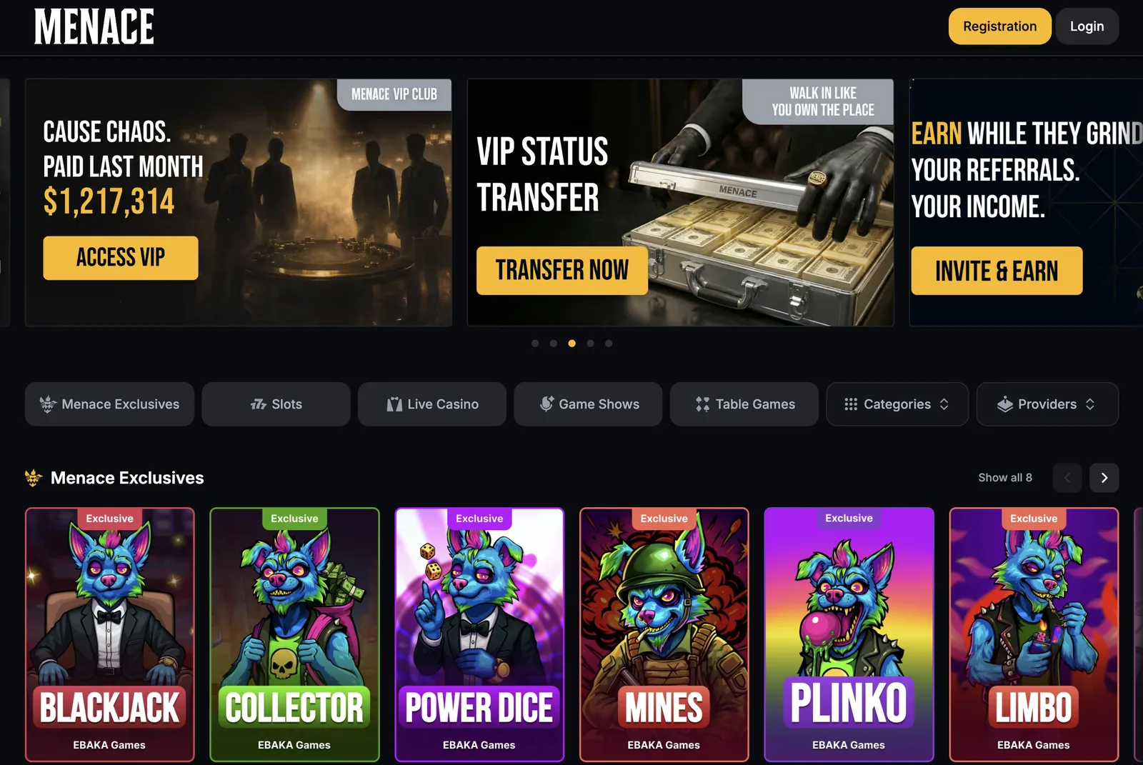 Menace Casino homepage — dark-theme lobby with games and navigation