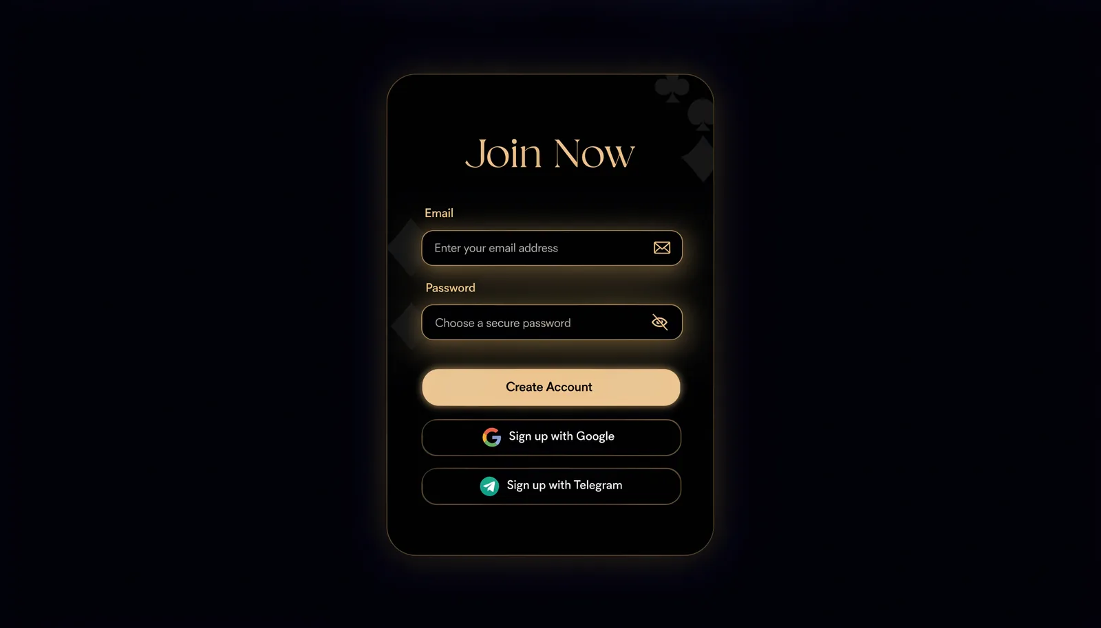 Menace Casino registration form with email, Google and Telegram sign-up